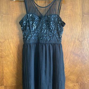 Esley Little Black Cocktail Party Dress pleated skirt mesh & sequins Med ~ NEW